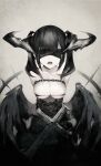  1girl absurdres arms_behind_back bangs black_blindfold black_bra black_hair black_horns black_wings blindfold bra breasts chain chained commentary covered_eyes cross english_commentary facing_viewer fang greyscale gyup highres horns large_breasts medium_hair monochrome no_shirt open_mouth original sidelocks skin_fang solo twintails underwear wings 