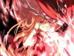  1girl bangs black_background blonde_hair bow fire hair_bow hands_on_own_face hat kirisame_marisa kirisame_marisa_(witch_of_scarlet_dreams) long_hair looking_at_viewer red_bow red_headwear short_sleeves simple_background solo star_(symbol) tears touhou touhou_lost_word upper_body witch_hat wrist_cuffs yellow_eyes yomogi_9392 