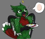  anthro avian bacon beak bird black_beak breasts chest_tuft dialogue_box egg eira_(eiraryyu) feathers female food freckles freckles_on_shoulders fried_egg green_body green_eyes green_feather_hair green_feathers max_edge meat nude plate solo star tail_feathers tongue tuft white_body white_feathers wings 