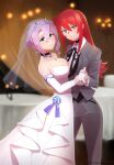  2girls arikindows10 black_choker blush breasts bridal_veil bride choker cleavage closed_mouth croix_meridies dancing dress elbow_gloves formal gloves green_eyes grey_pants groom highres holding_hands indoors large_breasts little_witch_academia long_hair looking_at_viewer multiple_girls pants purple_hair red_eyes red_hair shiny shiny_chariot shiny_hair short_hair small_breasts smile suit ursula_charistes veil wedding_dress white_gloves wife_and_wife yuri 