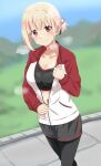  1girl black_bra blonde_hair bra breasts hair_ornament highres jacket lieass looking_at_viewer lycoris_recoil nishikigi_chisato open_clothes open_jacket red_eyes short_hair smile solo sports_bra sportswear steaming_body stomach sweat underwear unzipped 