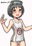  1girl bangs black_hair brown_eyes diving_mask diving_mask_on_head flat_chest goggles goggles_on_head highres kantai_collection looking_at_viewer makun_dx maru-yu_(kancolle) one-hour_drawing_challenge open_mouth parted_bangs round_teeth school_swimsuit short_hair simple_background smile solo swimsuit teeth thick_eyebrows twitter_username upper_teeth white_background white_one-piece_swimsuit 