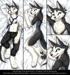  anthro back_tuft bedding bedding_background black_belt black_body black_bottomwear black_clothing black_fur black_pants black_pawpads blue_eyes bottomwear bulge canid cheek_tuft clothed clothing dakimakura_design facial_tuft front_view full-length_portrait fur glistening glistening_eyes grin head_tuft looking_at_viewer lying male mammal multiple_images navel neck_tuft nude on_back on_side pants pawpads penguinexperience portrait side_view smile solo text topless tuft url watermark white_body white_fur 