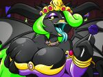  anthro big_breasts breast_grab breasts candy collar crown demon dessert female food friday_night_funkin&#039; grabbing_own_breast green_hair hair hand_on_breast hi_res horn jewelry lollipop looking_at_viewer midnight_(fnf) poltergust5000 smile tongue tongue_out wings 