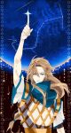  1boy arm_up armor blue_scarf chiron_(fate) constellation curtained_hair fate/apocrypha fate/grand_order fate_(series) green_eyes hexagram highres index_finger_raised long_hair looking_at_viewer low-tied_long_hair male_focus orion-betelgeuse-16576 parted_lips scarf scorpio short_sleeves sky smile solo star_(sky) star_(symbol) starry_sky straight-on tunic upper_body white_tunic 