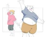  2022 anthro belly bottomwear canid canine canis clothing dancing domestic_dog duo eyes_closed hi_res humanoid_hands inunoshippo kemono male mammal overweight overweight_male shirt shorts topwear 
