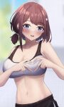  1girl :d absurdres bangs bare_arms bare_shoulders blue_eyes blush borrowed_character breasts brown_hair cleavage commentary crop_top hair_ornament hairclip highres ka_maru large_breasts looking_at_viewer midriff navel original short_hair smile solo sports_bra stomach upper_body 