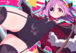  1girl bangs bare_shoulders blush breasts cape cleavage cosplay costume_switch detached_sleeves dress flower garter_straps hair_flower hair_ornament highres long_sleeves looking_at_viewer magia_record:_mahou_shoujo_madoka_magica_gaiden magical_girl mahou_shoujo_madoka_magica maid_headdress medium_hair misono_karin monocle nekokan-nekokan parted_bangs parted_hair purple_hair red_eyes solo tattoo thighhighs two_side_up 