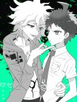  2boys :d ahoge badge bangs black_background breast_pocket collarbone collared_shirt cowboy_shot danganronpa_(series) danganronpa_2:_goodbye_despair frown green_background hair_between_eyes hanabishi hinata_hajime hood hood_down jacket komaeda_nagito long_sleeves lower_teeth male_focus multiple_boys necktie open_clothes open_jacket pocket shiny shiny_hair shirt short_hair short_sleeves smile sweatdrop teeth yaoi 