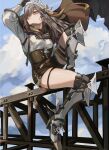  1girl arknights arm_up armored_boots black_cape black_shorts blush boots breasts brown_hair cape closed_mouth cloud cloudy_sky day fartooth_(arknights) feather_hair gauntlets hair_between_eyes high-waist_shorts highres knee_boots long_hair looking_away looking_up medium_breasts outdoors shirt shorts sitting sky solo thigh_boots visor_(armor) white_shirt yellow_eyes zeanue_illust 