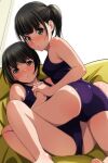  2girls absurdres ass barefoot black_hair blush breasts brown_eyes highres holding_hands interlocked_fingers looking_at_viewer matsunaga_kouyou multiple_girls one-piece_swimsuit original parted_lips ponytail purple_one-piece_swimsuit short_hair small_breasts swimsuit thighs 