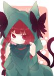  1girl :t animal_ears bow braid cat_ears coat dress eyes_visible_through_hair green_dress hands_up highres hood hood_up kaenbyou_rin looking_at_viewer multiple_tails nekomata pout red_eyes red_hair roamu_65 solo tail tearing_up touhou twin_braids two_tails 