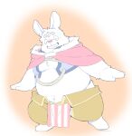  2022 anthro belly clothed clothing eyes_closed fur hi_res inunoshippo kemono lagomorph leporid male mammal navel overweight overweight_male rabbit solo white_body white_fur 