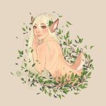 bent_over blonde_hair body_jewelry brown_eyes epke faun female freckles hair hi_res horn humanoid leaf looking_at_viewer manicure scut_tail short_tail smile smiling_at_viewer solo 