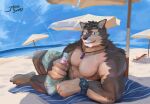  abs absurd_res anthro beach bottomwear canid canine canis clothing domestic_dog eyewear hi_res jifengsword lifewonders live-a-hero male mammal muscular muscular_anthro muscular_male nipples pecs pubraseer seaside shirtless shorts solo sunglasses video_games 