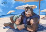  absurd_res anthro beach bottomwear brown_body brown_fur canid canine canis clothing domestic_dog eyewear fur hi_res jifengsword lifewonders live-a-hero male mammal muscular muscular_anthro muscular_male pecs pubraseer sand seaside shorts solo sunglasses video_games 