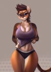  2022 anthro aozee areola big_breasts bottomwear breasts calvin_klein clothed clothing curvy_figure digital_media_(artwork) domestic_cat felid feline felis female fur gradient_background hi_res lingerie looking_at_viewer mammal shirt simple_background solo tank_top teasing topwear under_boob voluptuous_female 