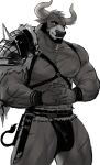  2021 absurd_res anthro armor beard belt biceps bovid bulge clothing dopq facial_hair hands_clasped hands_together hi_res horn looking_aside male mammal monotone_body mouth_closed muscular muscular_anthro muscular_male nipples pauldron pecs scar simple_background smile solo standing underwear 