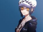  1girl black_hair blue_background breasts chest_tattoo cleavage coat earrings empty_eyes genderswap genderswap_(mtf) hat highres hood hood_down jewelry light_smile looking_at_viewer moth_ram one_piece open_clothes open_coat shade short_hair simple_background solo tattoo trafalgar_law yellow_eyes 