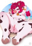  5_fingers anthro anus areola blep bovid bovine breasts butt cattle eyebrows eyelashes facial_piercing female fingers genitals hair hi_res hooves looking_at_viewer mammal nipples nose_piercing nose_ring nude piercing pussy red_eyes red_hair ring_piercing rysonanthrodog solo tongue tongue_out 