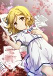 1girl blonde_hair blood blood_splatter brown_eyes child coin dress female_child french_flag frown grey_background hand_on_own_chest highres higurashi_no_naku_koro_ni holding holding_coin looking_at_viewer lying mini_flag mochi_punin on_back paper short_hair simple_background solo tanashi_miyoko translation_request white_dress 