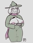  2022 anthro arm_under_breasts big_breasts blush boss_monster bovid breast_squish breasts caprine clasped_hands cleavage_cutout clothing deltarune echonioni exposed_breasts female goat half-closed_eyes hat head_tuft headgear headwear holding_breast huge_breasts lidded_eyes looking_at_viewer mammal mature_female narrowed_eyes nipples pink_nipples pointed_hat scarf signature simple_background slightly_chubby solo squish standing thick_thighs tight_clothing toriel tuft undertale undertale_(series) video_games wide_hips 