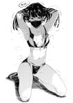  1girl adjusting_hair aihara_akito armpits arms_up bandaid bandaid_on_knee bandaid_on_leg bangs bare_shoulders black_hair collarbone commentary_request crop_top full_body greyscale highres long_hair looking_at_viewer mask monochrome mouth_mask natsuki_(new_normal) navel new_normal shoes short_shorts shorts simple_background sitting sneakers solo sportswear stomach sweat translation_request wet 