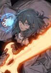  1girl bangs blue_eyes blue_hair breasts byleth_(fire_emblem) byleth_(fire_emblem)_(female) cleavage cleavage_cutout cloak clothing_cutout energy fire_emblem fire_emblem:_three_houses glowing glowing_sword glowing_weapon grey_cloak hair_between_eyes highres holding holding_sword holding_weapon ikarin short_hair solo sword sword_of_the_creator weapon 