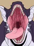  ambiguous_gender black_body black_ears bodily_fluids bust_portrait imperatorcaesar mouth_shot open_mouth pink_tongue portrait saliva saliva_on_tongue saliva_string sharp_teeth simple_background solo teeth tongue tongue_out unsigned white_body white_ears white_inner_ear 