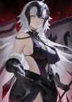  1girl armor banner chain duan_henglong fate/grand_order fate_(series) faulds gloves highres jeanne_d&#039;arc_alter_(fate) lipgloss long_hair looking_at_viewer open_hand smile tiara very_long_hair white_hair yellow_eyes 