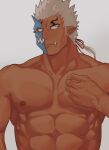  1boy absurdres bara commentary dark-skinned_male dark_skin grey_background half_mask highres horned_mask horns large_pectorals long_sideburns low_ponytail male_focus mask monster_boy muscular muscular_male nipples no_pupils no_shirt oni_mask pectorals pointy_ears shuten_douji_(housamo) sideburns single_horn solo t-ryu tokyo_afterschool_summoners tusks upper_body white_hair 