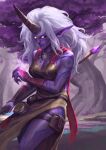  1girl absurdres alternate_hairstyle arm_tattoo breasts cleavage colored_skin facepaint highres holding holding_staff horns league_of_legends leg_tattoo long_hair loza-0 medium_breasts outdoors pointy_ears pouch purple_skin single_horn solo soraka_(league_of_legends) staff tattoo thigh_strap tree very_long_hair white_hair yellow_eyes 