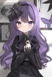  1girl absurdres asahina_mafuyu black_dress black_hairband bug butterfly closed_mouth commentary dress hairband highres indoors juliet_sleeves long_hair long_sleeves looking_at_viewer okome2028 own_hands_together project_sekai puffy_sleeves purple_eyes purple_hair silk solo spider_web symbol-only_commentary 