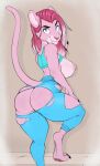  2022 absurd_res anthro areola big_butt blue_eyes breasts butt clothed clothing fangs felid female fur hair hi_res looking_back mammal nipples pantherine pink_body pink_fur pink_hair smile solo torn_clothing usnarbit 