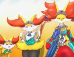  ambiguous_gender anthro bracelet braixen canid canine clothing delphox eiroru fennekin feral fox fur generation_6_pokemon group hi_res holowear_(pokemon) inner_ear_fluff jewelry mammal nintendo orange_eyes pokemon pokemon_(species) pokemon_unite trio tuft video_games yellow_body yellow_fur 