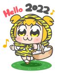  1girl 2022 :3 animal_print bangs basket bkub blush_stickers chinese_zodiac clenched_hand commentary dot_nose full_body holding holding_basket hood hood_up hooded_coat musical_note orange_footwear orange_hair poptepipic popuko shirt shoes short_hair short_twintails simple_background skipping socks solo tiger_print twintails two_side_up white_background white_shirt white_socks year_of_the_tiger yellow_eyes 