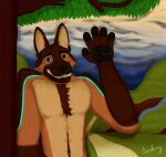  absurd_res anthro blue_eyes brown_body brown_fur canid canine canis chest_fur cloud domestic_dog ears_up fox fur german_shepherd grass herding_dog hi_res inner_ear_fluff looking_at_viewer male mammal mountain nude outside pastoral_dog path plant river sarkvy sheepdog sky smile solo sunset tree tuft 