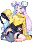  1girl :d absurdres arm_support bangs blue_hair blush boots commentary_request eyelashes grey_footwear grey_thighhighs high_heel_boots high_heels highres iono_(pokemon) jacket leaning_to_the_side long_hair open_mouth pokemon pokemon_(game) pokemon_sv purple_eyes purple_hair sharp_teeth single_thighhigh sleeves_past_fingers sleeves_past_wrists smile solo swimsuit swimsuit_under_clothes teeth thigh_strap thighhighs tongue upper_teeth white_background yellow_jacket yuniiho 