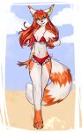  4_toes 5_fingers absurd_res ailurid anthro bikini black_nose blue_eyes breasts clothing feet female fingers fur hair hi_res inner_ear_fluff louraa mammal navel orange_body orange_fur orange_hair red_hair red_panda sami_(red_panda) simple_background solo swimwear teeth toes tuft 