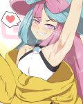  1girl aqua_hair arm_up armpits bangs blush breasts commentary grin heart heart_in_eye highres iono_(pokemon) jacket multicolored_hair pink_eyes pink_hair pokemon pokemon_(game) pokemon_sv presenting_armpit raised_eyebrow sharp_teeth shirt shoutaro_saito sleeveless sleeveless_shirt small_breasts smile solo spoken_heart sweat symbol_in_eye teeth two-tone_hair 