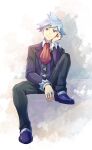  1boy bangs black_pants blue_eyes blue_hair commentary_request full_body hand_on_own_face jewelry leg_up long_sleeves looking_at_viewer male_focus necktie pants pokemon pokemon_(game) pokemon_oras red_necktie ring short_hair sitting smile solo steven_stone vest zeroki_(izuno) 