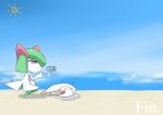  1girl @_@ bangs beach blue_background blue_sky blurry blurry_background bright_pupils closed_mouth colored_skin commentary_request day english_text flat_chest french_text from_side full_body green_hair green_skin hair_over_one_eye half-closed_eyes hand_up happy highres horizon kirlia looking_at_another looking_down m3_(gardevoir_m3) mixed-language_text multicolored_skin ocean one_eye_covered outdoors pokemon pokemon_(creature) pussy_juice red_eyes sand short_hair sidelocks sky smile sparkle squatting sun thumbs_up translated two-tone_skin white_pupils white_skin wiglett 