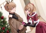  1boy 1girl antlers bangs black_gloves blurry blurry_background blush bow breasts brown_hair chigusa_minori christmas christmas_ornaments christmas_tree cleavage dress elbow_gloves fake_antlers gift gift_wrapping gloves hair_bow highres holding holding_gift indoors jitsu_wa_imouto_deshita. long_sleeves majima_ryota open_mouth ponytail red_dress reindeer_antlers short_hair sidelocks smile standing turtleneck 