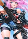  1girl :d bare_shoulders bike_shorts blush fang gun hair_ornament hairclip highres holding holding_gun holding_weapon looking_at_viewer midriff necktie original oyu_udon pink_hair shorts smile solo weapon 