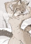  anthro armpit_focus breasts eyes_closed featureless_breasts featureless_crotch felid feline female hand_on_head hands_behind_head hi_res kikurage lynx mammal nude outside plant snow snowing solo solo_focus tree 