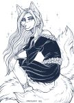  2022 anthro breasts canid canine clothed clothing crouching dress female fingers fox fur hair hi_res humanoid_hands izzie_(thesolarwinds) long_hair mammal multi_tail signature sketch smile snowsnow11 solo 