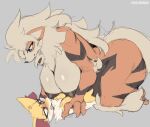 anthro anthro_on_anthro arcanine big_breasts braixen breasts cooliehigh duo female female/female fur generation_1_pokemon generation_6_pokemon grey_background hi_res huge_breasts larger_female nintendo pokemon pokemon_(species) simple_background size_difference video_games yellow_body yellow_fur 