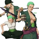  1girl abs arm_at_side arm_up bandana bare_arms beer_mug black_eyes blush boots breasts breikka closed_eyes coat collarbone cowboy_shot cup drunk earrings full_body genderswap genderswap_(mtf) green_hair grin hand_up holding holding_cup holding_sword holding_weapon jewelry katana large_breasts lips looking_at_viewer looking_to_the_side mouth_hold mug multiple_views no_bra nose_blush one_eye_closed one_piece outstretched_arm over_shoulder pants plunging_neckline roronoa_zoro scabbard scar scar_across_eye scar_on_chest sheath sheathed shirt short_hair short_sleeves sideburns simple_background sitting smile stitches stomach sword teeth_hold tomboy toned triple_wielding upper_body v-shaped_eyebrows weapon weapon_over_shoulder white_background wooden_cup 