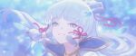  1girl absurdres bangs blurry blurry_background floating_hair genshin_impact grey_eyes grin hair_ribbon highres kamisato_ayaka long_hair nhan petals portrait red_ribbon ribbon sailor_collar_lift sidelocks smile solo white_hair 