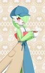  1girl bangs blue_dress blue_headwear blush bob_cut brown_background brown_dress cabbie_hat clothed_pokemon colored_skin commentary_request cup dress drink flat_chest floral_background gardevoir green_hair green_skin hair_over_one_eye hands_up happy hat heart heart_background hikatty holding holding_cup holding_drink looking_to_the_side multicolored_skin one_eye_covered open_mouth outline partial_commentary pokemon pokemon_(creature) pokemon_(game) pokemon_unite red_eyes sash short_hair smile solo standing steam tea teacup two-tone_dress two-tone_skin white_outline white_skin 